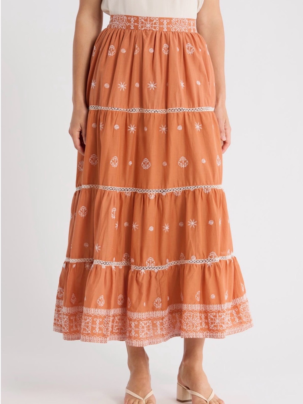 T Tahari Terracotta Embroidered Maxi Skirt